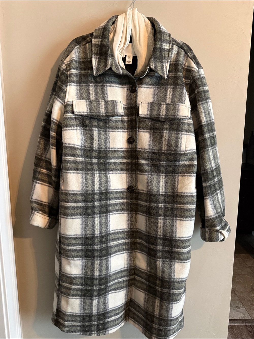 H&M Gray, Olive & White Plaid Button-Front Coat